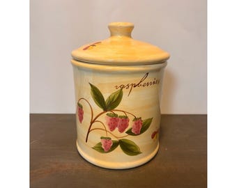 Pote vintage Pier 1 Provence em cerâmica pintada à mão com tampa hermética para frutas, 20 cm (8 polegadas).