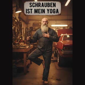 Humoristische workshop-poster "Knutselen is mijn yoga" – een leuk cadeau voor monteurs en autoliefhebbers (Downloaden)