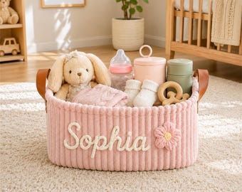 Cesto de arame tricotado personalizado – Organizador de berçário com nome personalizado, presente para chá de bebê, armazenamento de brinquedos, fraldas e cobertores.