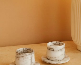 Marble  Cup Set | Turkish Coffee Cups with Saucers | White Carrara Stone Mug | Espresso Cup