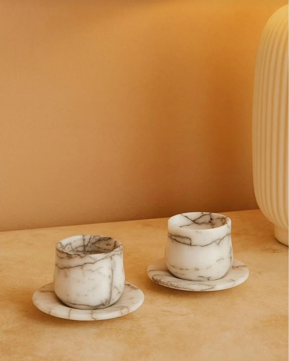 Handmade Marble Espresso Cup Set | Turkish Coffee Cups with Saucers | White Carrara Stone Mug