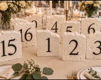 May include: A collection of rectangular table number signs crafted from beige, porous stone with rough, uneven top edges. Each sign features a large, black, serif-style numeral printed on the front face, including numbers 1, 2, 3, 4, 6, 15, and 16.
