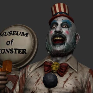 May include: A figurine of a clown with white face paint, blue eye makeup, and a red-and-white striped top hat. The clown wears a stained shirt with a red bow tie featuring a skull accent and holds a round sign that reads MUSEUM of MONSTER.