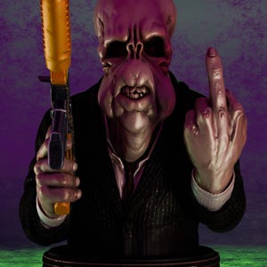 May include: A purple-skinned humanoid bust wearing a black pinstripe suit, holding a gold-colored rifle in one hand and gesturing with a middle finger in the other. The base features a plaque with the text Nostalgia Horror 3D in red and white.