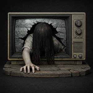 Könnte beinhalten: Ein alter Fernseher mit einem zerbrochenen Bildschirm, statischem Rauschen und einer Figur, die aus dem Bildschirm auftaucht. Die Figur hat lange schwarze Haare und greift nach vorne. Der Fernseher steht auf einem Holzsockel.