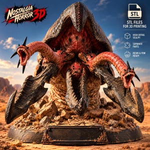 May include: A 3D printable digital file of a monstrous creature with a large, dark, textured shell, multiple red, segmented, tentacle-like appendages with sharp teeth, and a central maw. The base features a plaque, and text reads Nostalgia Horror 3D.