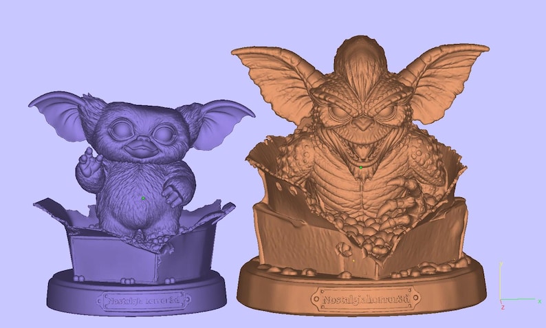 Puede incluir: Un modelo 3D morado de una peque&ntilde;a criatura con orejas grandes saliendo de una caja, junto a un modelo 3D naranja m&aacute;s grande de una criatura amenazante con dientes afilados y orejas grandes saliendo de una caja. Ambas bases tienen el texto NostalgiaRetro3D.