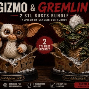 Puede incluir: Dos bustos 3D digitales de Gizmo y un Gremlin, cada uno emergiendo de una caja de cart&oacute;n llena de espuma de embalaje. El texto dice GIZMO & GREMLIN 2 STL BUSTS BUNDLE INSPIRED BY CLASSIC 80s HORROR, 2 STL FILES INCLUDED y Nostalgiahorror3d.