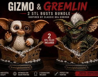 Paquete de archivos STL de bustos de Mogwai y Gremlin | Coleccionables imprimibles en 3D inspirados en películas de terror | Archivos de esculturas de fan art