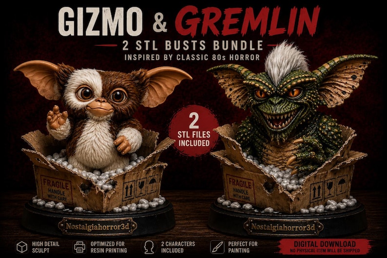 Puede incluir: Dos bustos 3D digitales de Gizmo y un Gremlin, cada uno emergiendo de una caja de cart&oacute;n llena de espuma de embalaje. El texto dice GIZMO & GREMLIN 2 STL BUSTS BUNDLE INSPIRED BY CLASSIC 80s HORROR, 2 STL FILES INCLUDED y Nostalgiahorror3d.