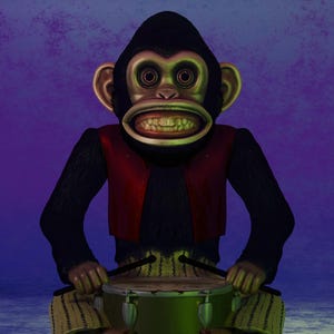 May include: A vintage-style mechanical monkey toy with black fur, wearing a red vest and yellow patterned trousers. The monkey holds two black drumsticks and is positioned behind a green drum, displaying a wide, toothy grin and large ears.
