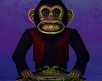Eng speelgoedaapje STL - Horror verzamelobject - Griezelige trommelaar-aap - Digitaal 3D-printbestand