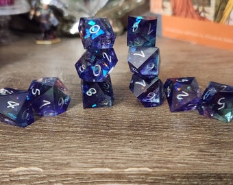 Bane: Handmade Sharp Edge Polyhedral 10d10 Dice Set for use in VtM, DnD, and ttrpgs.