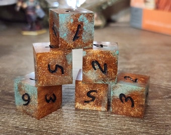 Copper Patina: Handmade Sharp Edge 6D6 Dice Set for use in DnD and ttrpgs. Standard Sized. Standard numbers.