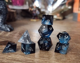 Dark Fade - Denim: A MINIATURE set of handmade resin polyhedral sharp edge dice for use in DnD and ttrpgs.