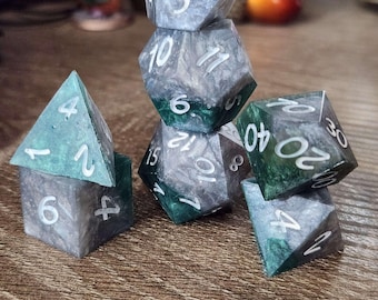 Cunning: Handmade Sharp Edge Polyhedral Dice Set for use in DnD and ttrpgs.