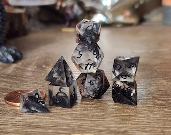 Dark Tendril: A MINIATURE set of handmade resin polyhedral sharp edge dice for use in DnD and ttrpgs.