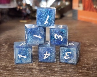 Dragon's Hide - Ice Blue : Handmade Sharp Edge 6D6 Dice Set for use in DnD and ttrpgs. Standard Sized.