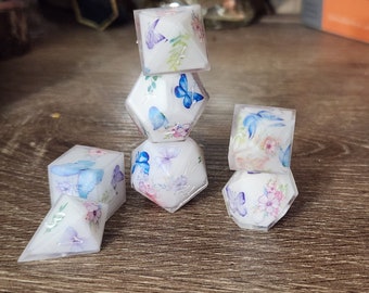 Butterfly Gardens - PRE ORDER, CUSTOM: Handmade Sharp Edge Polyhedral Dice Set for use in DnD and ttrpgs. Standard Sized