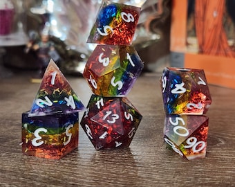 Glitterbomb - Layered Rainbow: Handmade Sharp Edge Polyhedral Dice Set for use in DnD and ttrpgs. Standard Sized