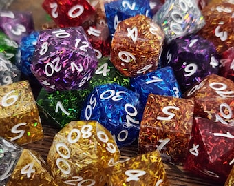 Rainbow Glitter Mix: Handmade Sharp Edge Polyhedral Dice Set for use in DnD and ttrpgs. Standard Sized