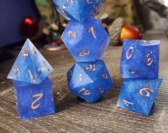 Dreamless: Handmade Sharp Edge Polyhedral Dice Set for use in DnD and ttrpgs.