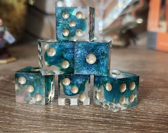 Neptune's Tide: Handmade Sharp Edge 6D6 Dice Set for use in DnD and ttrpgs. Standard Sized. Pipped.