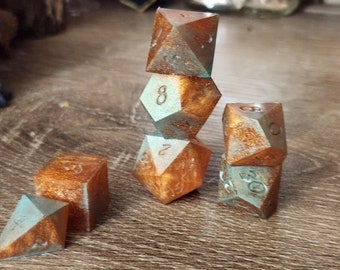 Copper Patina - PRE ORDER, CUSTOM: Handmade Sharp Edge Polyhedral Dice Set for use in DnD and ttrpgs. Standard Sized