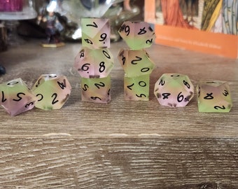 Groovy: Handmade Sharp Edge Polyhedral 10d10 Dice Set for use in VtM, DnD, and ttrpgs. GLOW IN the DARK