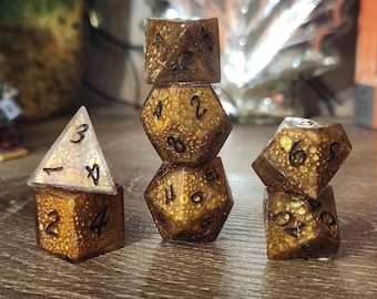 Dragon's Hide- Golden: Handmade Sharp Edge Polyhedral Dice Set for use in DnD and ttrpgs. Standard Sized