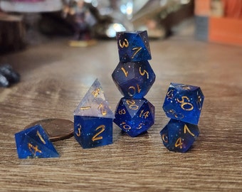 Nebula - Blue/black/purple-pink: A MINIATURE set of handmade resin polyhedral sharp edge dice for use in DnD and ttrpgs.