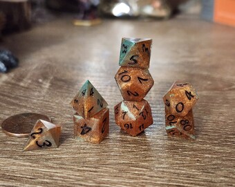 Copper Patina- black ink: A MINIATURE set of handmade resin polyhedral sharp edge dice for use in DnD and ttrpgs.