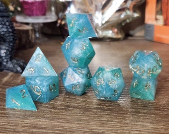 Seaglass: Handmade Sharp Edge Polyhedral Dice Set for use in DnD and ttrpgs.