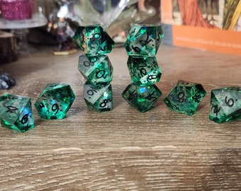 Everglades: Handmade Sharp Edge Polyhedral 10d10 Dice Set for use in VtM, DnD, and ttrpgs.