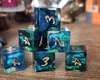 Terra: Handmade Sharp Edge 6D6 Dice Set for use in DnD and ttrpgs. Standard Sized. Standard Numbers.