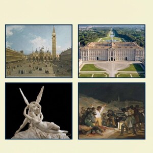 Könnte beinhalten: Eine Präsentationsfolie mit dem Titel "Il Viaggio nell'Arte del Settecento" und den Namen Canaletto, Vanvitelli, Canova und Goya. Die Folie enthält vier Bilder: eine Stadtansicht, ein Palast, eine Skulptur und ein Gemälde.