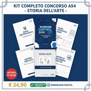 Op de afbeelding: Een verzameling educatief materiaal voor de A54 kunstgeschiedeniswedstrijd. De afbeelding toont verschillende witte boekjes met titels als "Mission Control 24H" en "Guida Operativa AM01" tegen een donkerblauwe achtergrond. De tekst "Download Digital" is ook zichtbaar.