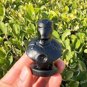 May include: A black Iron Man bust figurine. The figurine is a miniature sculpture of the superhero's head and shoulders, with a detailed helmet and chest design. The bust is held in a hand against a backdrop of green foliage.