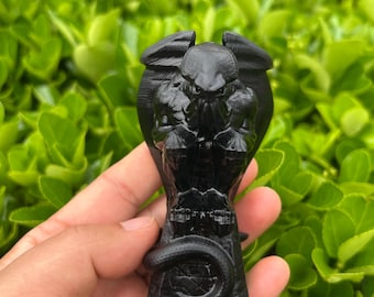 Estatua original de Cthulhu tallada a mano en obsidiana / Ídolo de los Mitos de H.P. Lovecraft, figura de Cthulhu para sanación con cristales del chakra raíz, decoración gótica para el hogar.