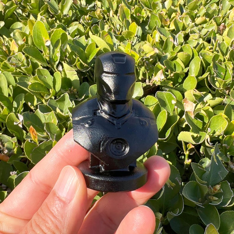 May include: A black Iron Man bust figurine. The figurine is a miniature replica of the superhero's head and upper torso, featuring a detailed helmet and chest design. The bust is held against a backdrop of green foliage.