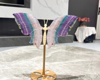 Alas de mariposa de cristal de fluorita arcoíris talladas a mano con soporte. Alas de cristal de energía curativa talladas a mano. Decoración de protección y transformación.