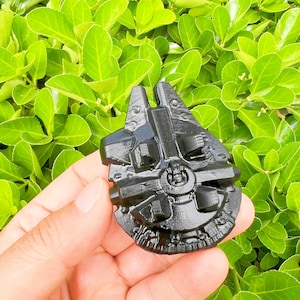 Op de afbeelding: Een zwart, gedetailleerd model van de Millennium Falcon, vastgehouden in een hand tegen een achtergrond van groene bladeren. Het model toont ingewikkelde details van het iconische ruimteschip uit de Star Wars-franchise.