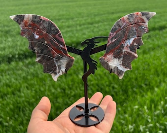 7.8" Mexican Crazy Lace Agate Dragon Wings on Stand |Healing Crystal for Solar Plexus & Heart Chakra | Spiritual Home Decor|Protection Gift