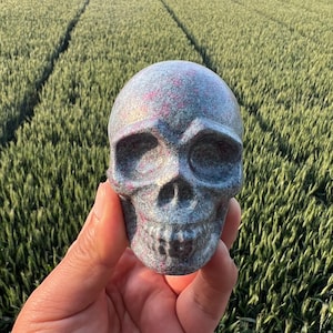 Könnte beinhalten: Eine graue Totenkopfskulptur mit rosa Flecken wird in einer Hand gehalten. Der Schädel hat detaillierte Gesichtszüge, einschließlich Augenhöhlen, einer Nasenhöhle und einem Kiefer. Der Hintergrund ist ein Feld mit grünen Pflanzen.