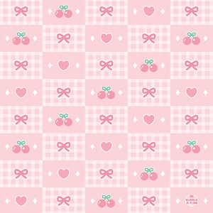 May include: A repeating pattern featuring pink bows, cherries, and hearts on a checkered and solid pink background. The design includes small diamonds and the text "Winnie is Pink" in the bottom right corner. The overall theme is cute and girly.
