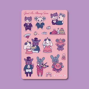 May include: A sticker sheet with cartoon animal characters in formal attire. The characters include cats, rabbits, and mice, some holding food and musical instruments. The text "Great Ace Attorney Series" is at the top. The background is light pink.