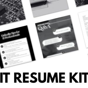 Op de afbeelding: Een IT-cv-kit-afbeelding met verschillende elementen, waaronder een laptop, documenten en een printplaat. De tekst "LinkedIn Tips for IT Professionals" is zichtbaar op een document. De woorden "IT RESUME KIT" worden vetgedrukt weergegeven.