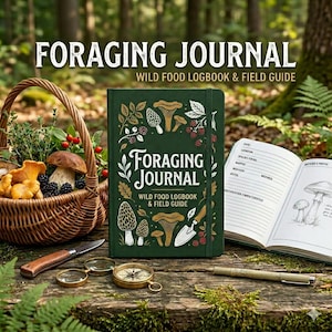 Könnte beinhalten: Ein grünes "Foraging Journal" mit dem Text "Wild Food Logbook & Field Guide" liegt neben einem offenen Journal, einem Korb mit Pilzen, einem Messer und einem Kompass. Das Journal-Cover zeigt Illustrationen von Pilzen und Beeren.