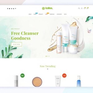 K&ouml;nnte beinhalten: Website-Homepage mit Hautpflegeprodukten. Der obere Bereich hebt "Free Cleanser Goodness" mit Produktbildern und einem "Shop Now"-Button hervor. Das Design verwendet ein hellgr&uuml;nes und wei&szlig;es Farbschema mit botanischen Akzenten.