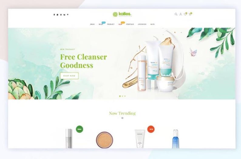 K&ouml;nnte beinhalten: Website-Homepage mit Hautpflegeprodukten. Der obere Bereich hebt "Free Cleanser Goodness" mit Produktbildern und einem "Shop Now"-Button hervor. Das Design verwendet ein hellgr&uuml;nes und wei&szlig;es Farbschema mit botanischen Akzenten.